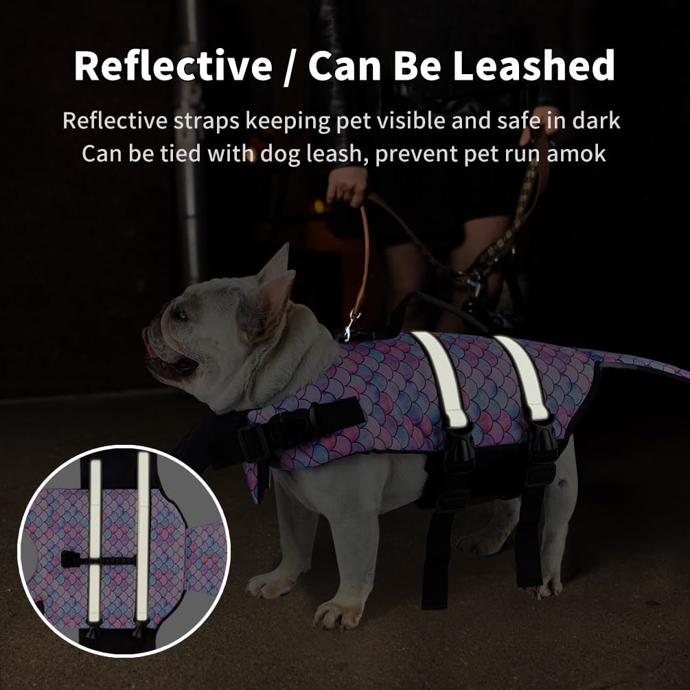 Dog Life Jacket Vest for Swimming Boating, Mermaid Large Swim Vests with Chin Float/Reflective Stripe/Rescue Handle