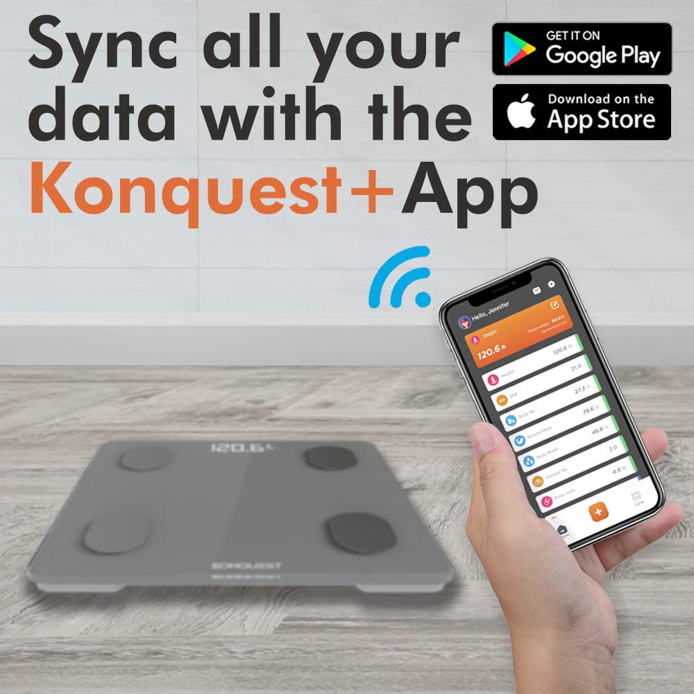 Konquest Premium Smart Digital Bathroom Scale, Wireless Bluetooth, BMI, Body Weight, Body Fat, Body Composition Analyzer with Smartphone App (400 lbs) - COOL GRAY