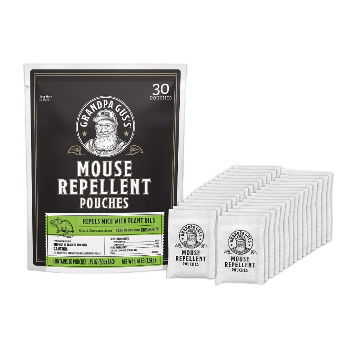 Grandpa Gus's Natural Mouse Repellent Pouches, Repel Mice from Nesting & Freshen Air in Home/Cabin/Boat/Car Storage/RV/Machinery/Shed, 1.75 Oz (30 Pouches)