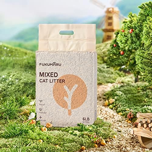 FUKUMARU Tofu Cat Litter, 12 LBS Clumping Cat Litter, Dust Free, Natural, Unscented, Flushable, Lightweight, Low Tracking, Mixed Apple Wood, 24/7 Odor Control, 6lb x 2bags