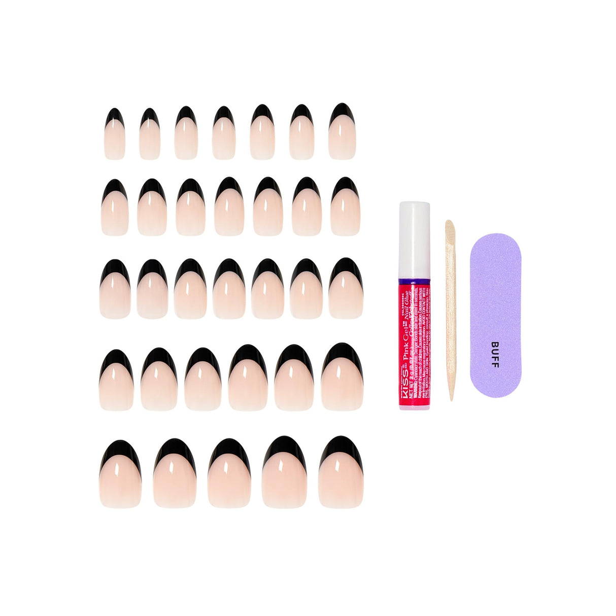 Core, Press On Nails, Nail glue included, 'Full of Fun', Black, Medium Size, Almond Shape, Includes 32 Nails, 2g Glue, 1 Manicure Stick, 1 Mini File