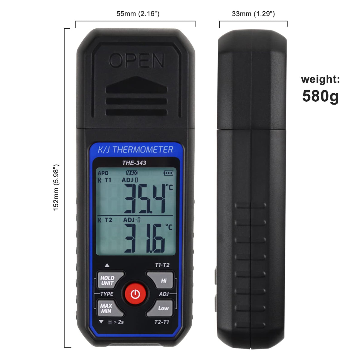 K/J Type Thermocouple Dual Channel Thermometer, T1-T2 Channel Temperature Measurement Wide Range Digital Thermometer with Backlight and Thermocouple Temperature Compensation