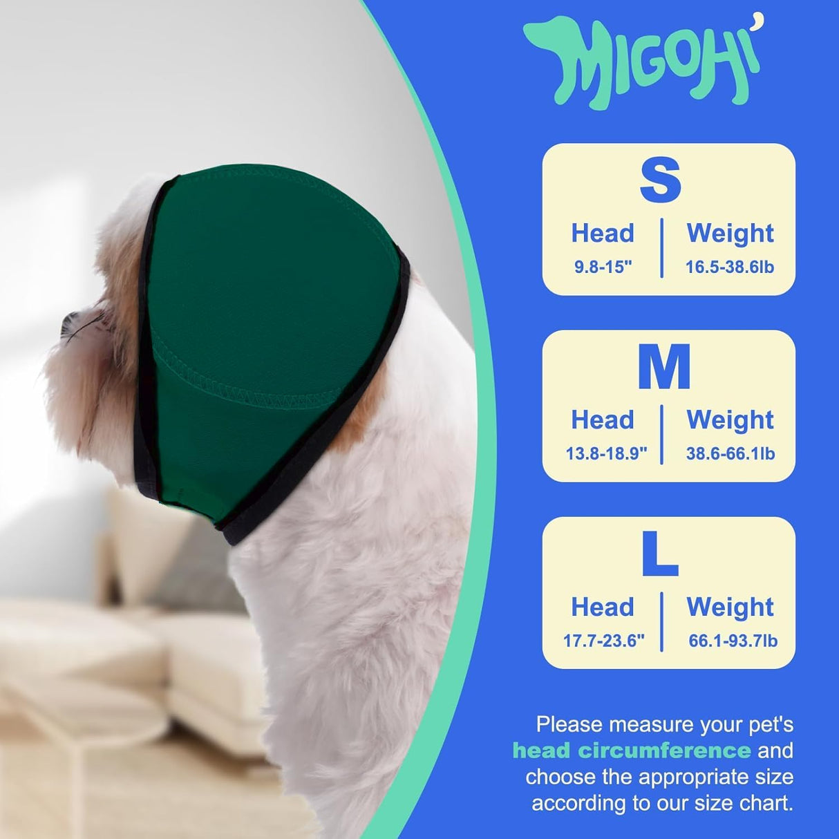 MIGOHI Dog Ear Muffs Noise Protection, Calming Hoodie with Soft Padding-Adjustable Headphones for Dog, Hook & Loop Headband for Dogs, S, Green