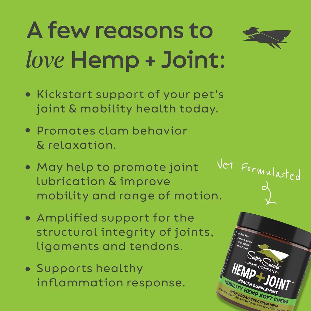 Super Snouts Hemp & Joint Chew for Dogs & Cats, 30 Chews (Up to 60 servings) – Made in USA Hip & Joint Supplement with Green Lipped Mussels, Hemp Helps Calms Joint Inflammation & Relief Joint Pain