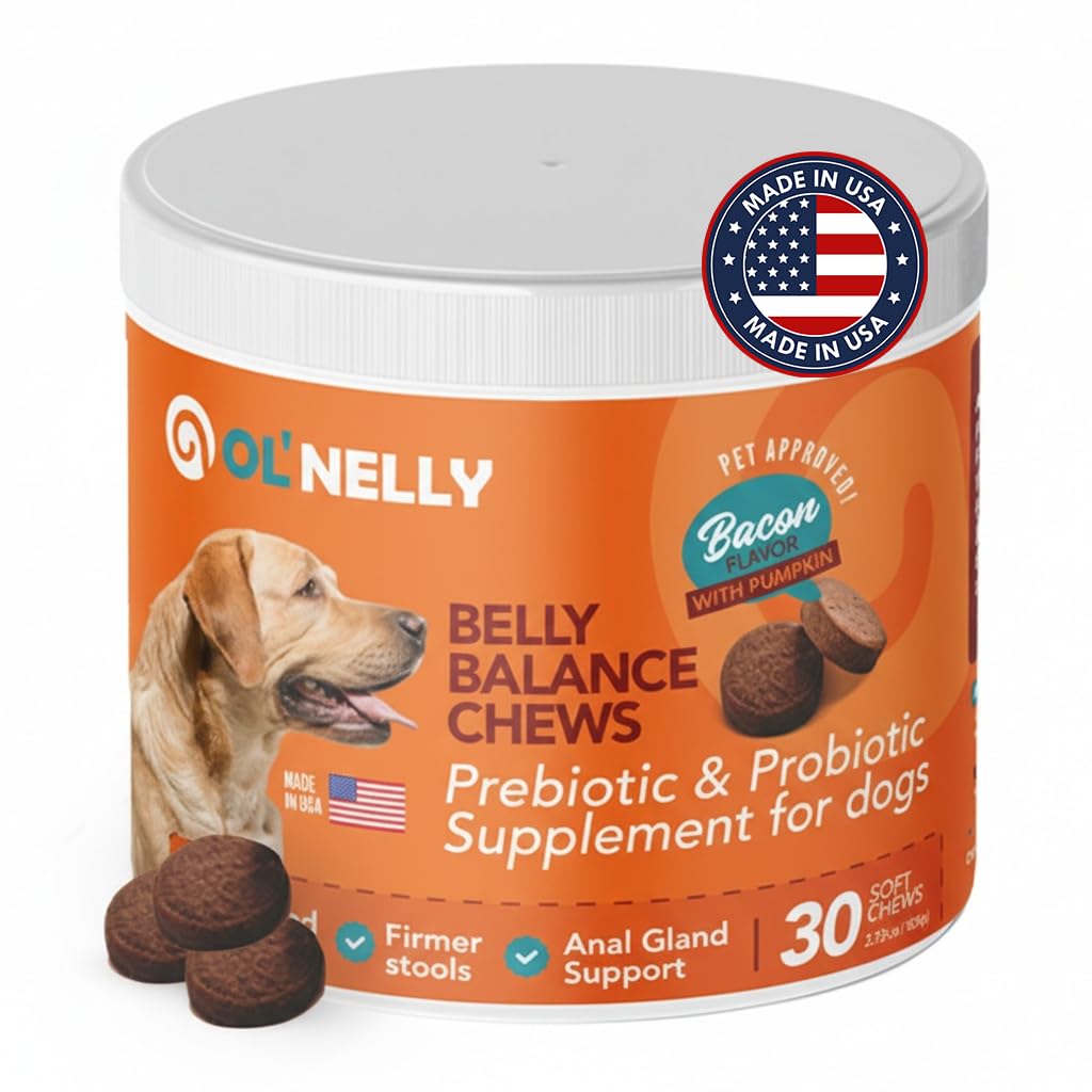 Ol'Nelly Pre & Probiotics for Dogs- 30 Soft Chews (Bacon) - Daily Dog Probiotics for Digestive & Gut Health - Diarrhea, Gas & Constipation Relief -All Ages and Breeds - Probioticos Perros Chewable