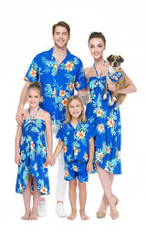 Matchable Family Hawaiian Luau Shirts, Hibiscus Blue, Dog, Medium