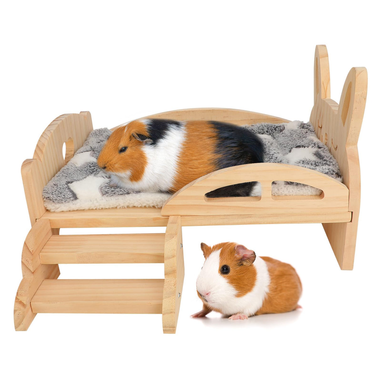 Rypet Wooden Guinea Pig Bed with Stairs and Mat Cozy Small Animals Cushion Bed Detachable Small Pet Hut Habitats for Guinea Pig Dwarf Rabbit Chinchillas Hamster Ferret