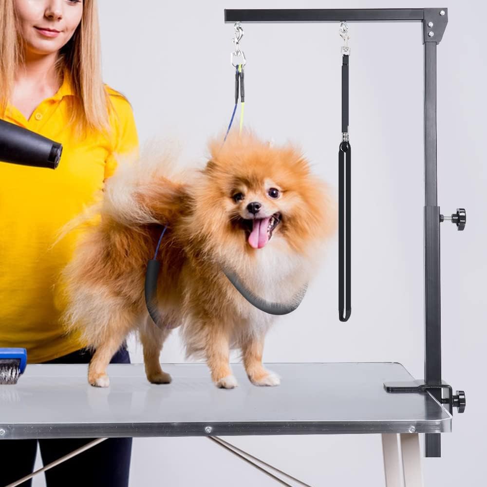 AGESISI Dog Grooming Arm with Clamp, Heavy Duty Pet Grooming Table Arm with Grooming Hammock, Loop Noose & Two No-Sit Haunch Holder, 36" Height Adjustable for Medium & Small Pets, Black