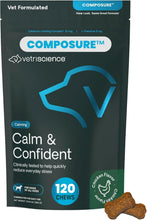 Load image into Gallery viewer, VetriScience Calm &amp; Confident Chews, Composure Clinically Tested Calming and Anxiety Supplement for Dogs, Reduce Stress and Fear, Ideal for Thunderstorms, Fireworks and Travel, Chicken, 120 Count
