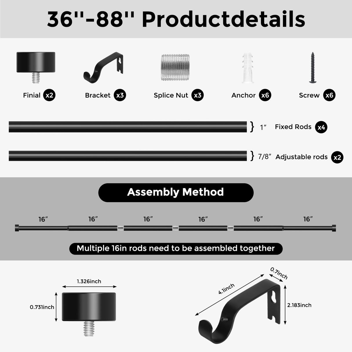 VOIIY Curtain Rods for Windows 48 to 84 Inch(4-7 Feet),Black 1'' Diameter Drapery Rods with End Cap Style Design,Modern Adjustable Heavy Duty Curtain Rod,Size:36''-88''