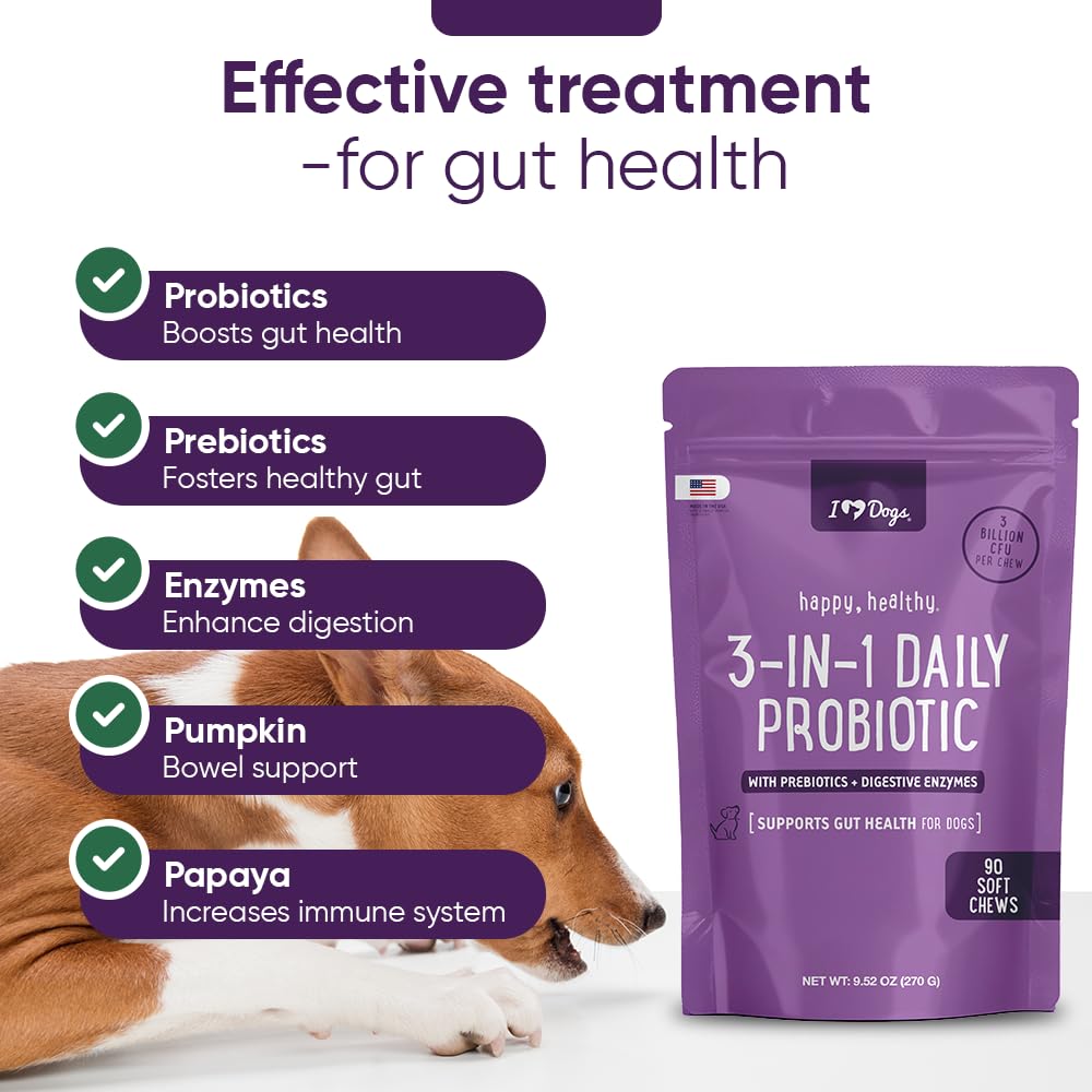 iHeartDogs 3-in-1 Probiotic for Dogs with Pumpkin for Improved Digestion & Gut Health - Dog Probiotics and Digestive Enzymes, 90 Count