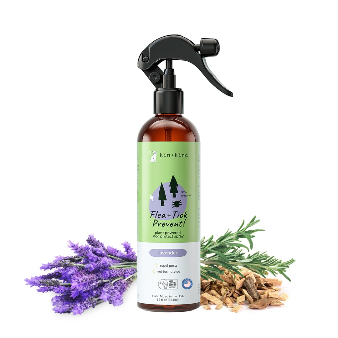 kin+kind Flea and Tick Spray for Dogs – Plant Based Flea Spray with Rosemary, Lavender & Cedarwood Oil – Pet Supplies for Bugs and Pests – Flea & Tick Pet Spray Prevention 12 fl oz
