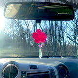 Hibiscus Hawaiian Flower Car Charm, Pink Crystal Suncatcher, Rearview Mirror Car Accessories, Cute Boho Interior Decor, New Car Gift For Her (Flower - Red, Crystal - Purple)