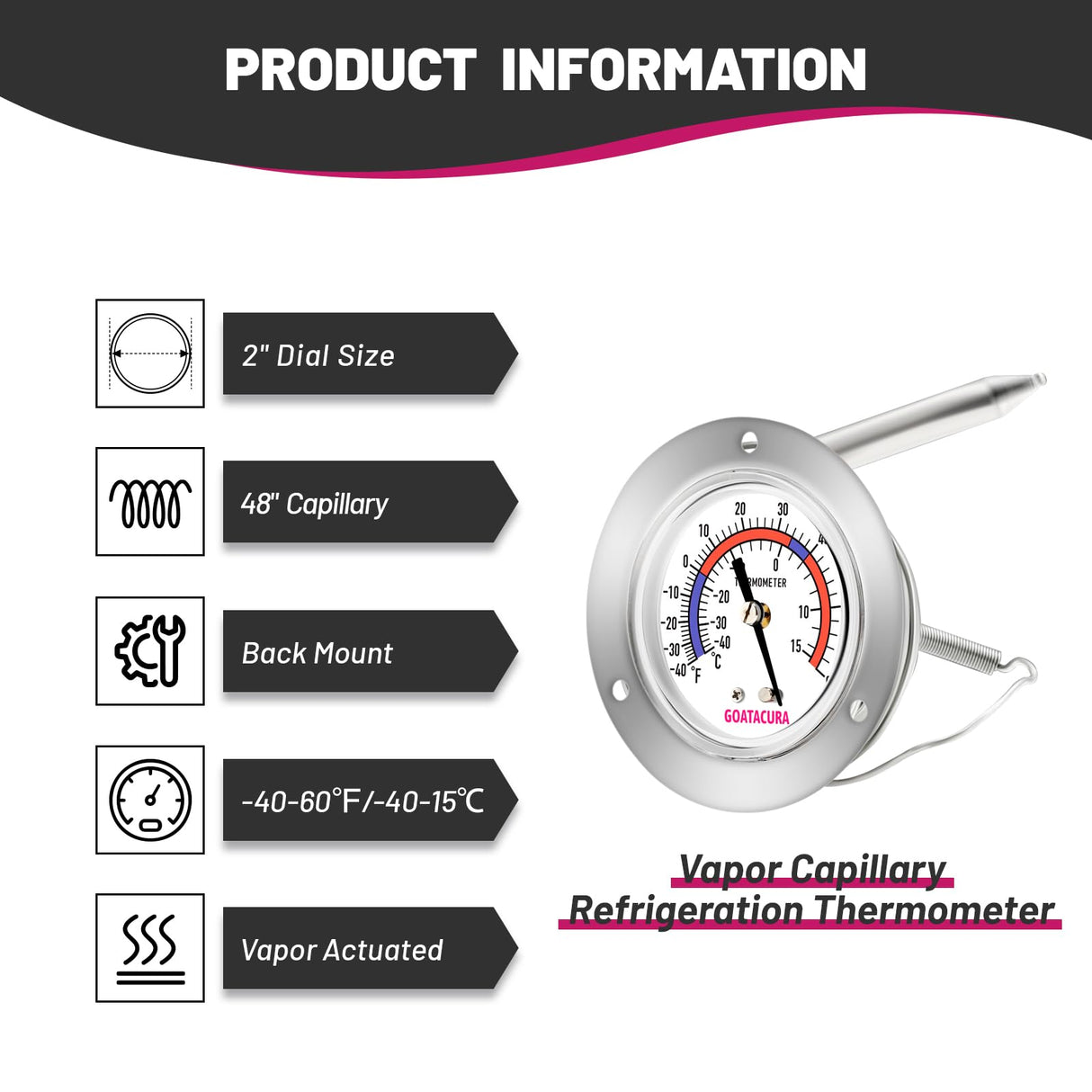 GOATACURA Vapor Capillary Refrigeration Thermometer, Stainless Steel Flanged Panel Mount, 2" Dial Size, 48" Capillary, -40-60 Deg F/-40-15 Deg C