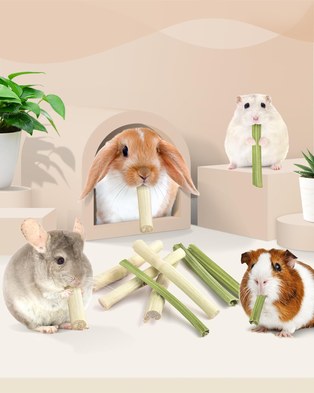 Bissap 80PCS Rabbit Chew Sticks, 40PCS Sweet Bamboo Chew Sticks & 40PCS Papaya Stems Bunny Chews for Rabbit Hamster Chinchilla Guinea Pig Small Animals Natural Molar Treats