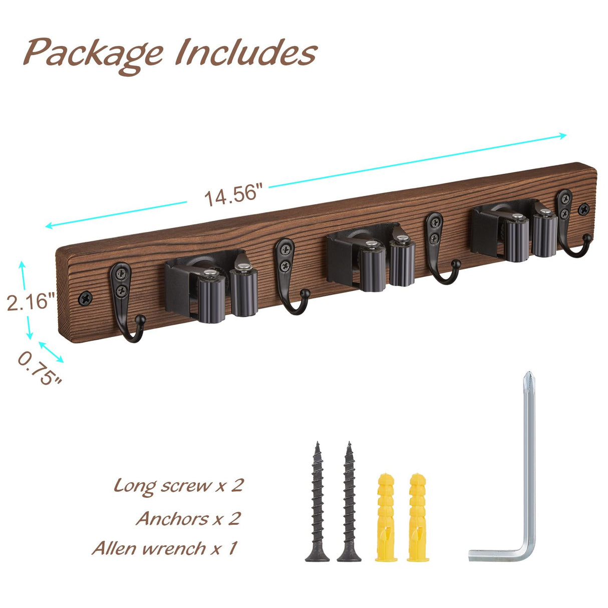 Mop Broom Holder Wall Mount with 3 Slots & 4 Hooks - Wood Broom Mop Hanger for Pantry Kitchen Organization - Garden Tool Organizer for Closet Laundry Room - for Rustic Farmhouse Kitchen Decor