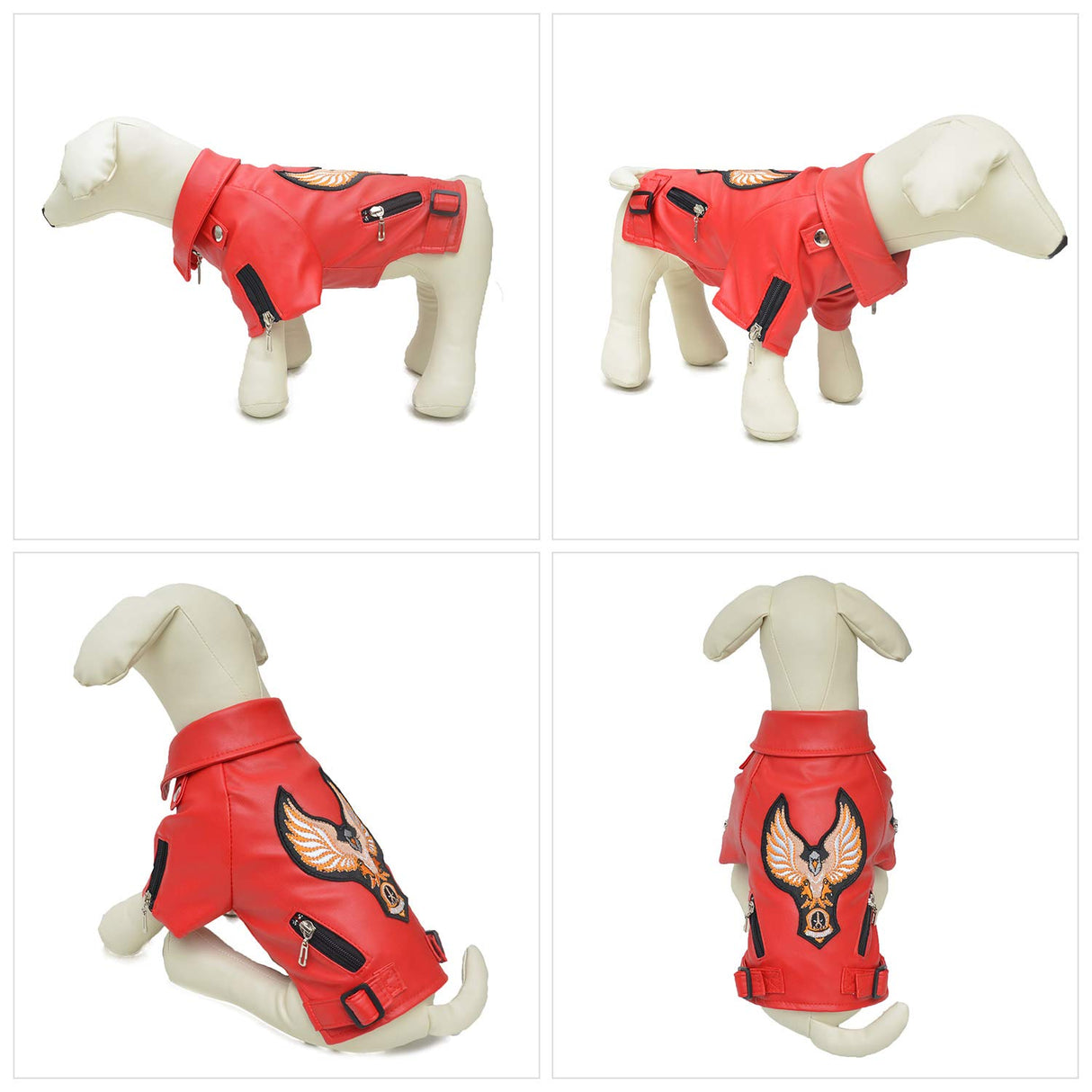 Lovelonglong Cool Dog Leather Jacket, Warm Coats Dogs Windproof Cold Weather Coats for Large Medium Small Dogs with Eagle Embroidery Red XL
