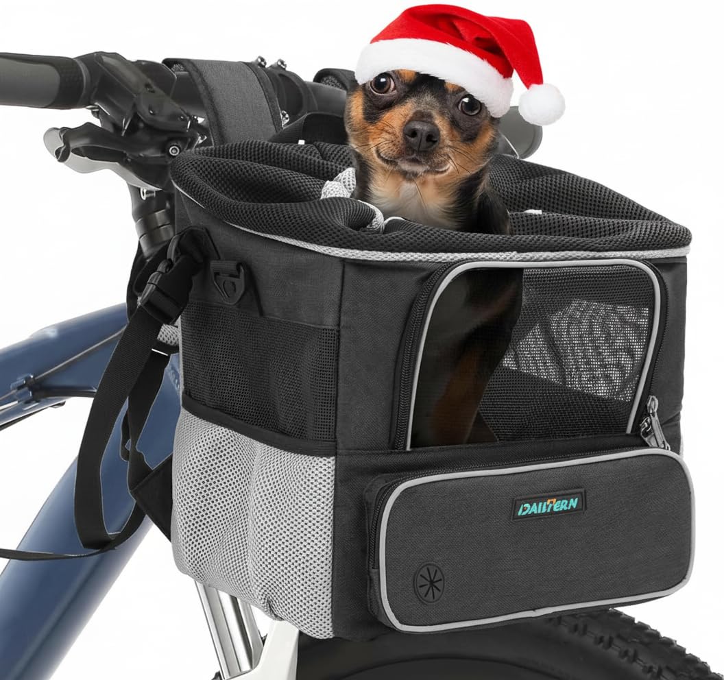 DAISTERN Dog Bike Basket for Small Dogs up to 10lbs, Foldable Pet Carrier with Safety Leash, Mesh Windows, Storage Pockets, Handlebar Quick Release, Backpack & Car Seat Function Grey