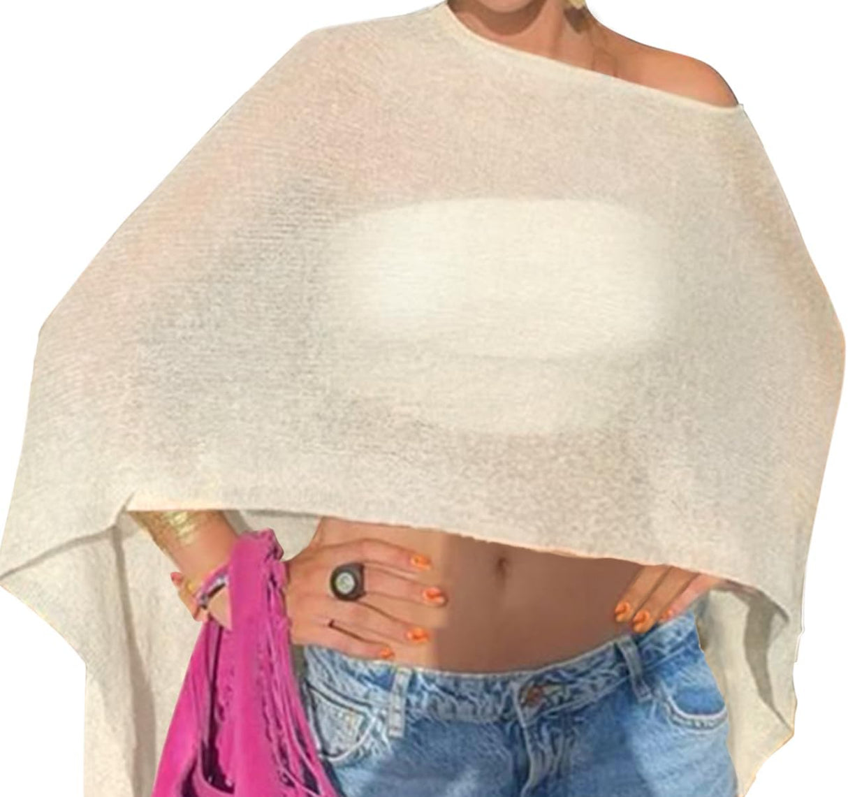 Vicarly Off The Shoulder Sheer Crochet Vacation Outfits Poncho Sweater Top Summer Beach Cover Up Women See Though Thru Festival Shawls Bolero Shrug Rave Resort Going Out Wear Swimsuit Beige Medium