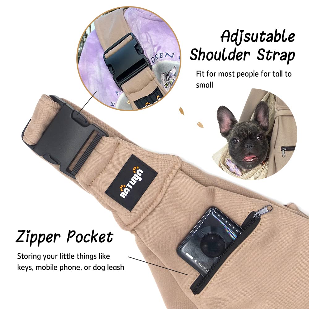 NATUYA Pet Dog Sling Carrier - Dog Sling with Net Bag for Carrier Dogs Cats-Hands Free Pet Bag-Buckle net Pocket pet Bag (Khaki)
