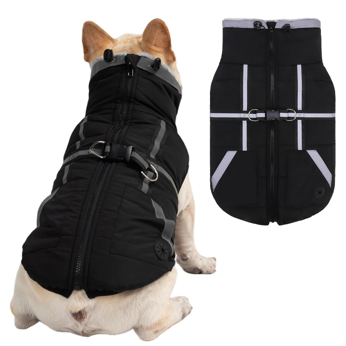 Mihachi Dog Snow Jacket Waterproof Dog Coat with Harness Built in,Thick Fleece Lined & Pockets,Turtleneck Warm Winter Jacket for Small Dogs Reflective Fleece Vest with Zipper,Snowsuit Outfit, Black S