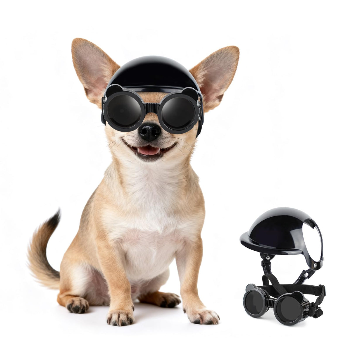 PETLESO Extra Small Dog Goggles and XSmall Dog Helmet, 2Pcs Anti-UV Doggy Sunglasses Cat Motorcycle Protecetive Helmet Set, Chihuahua Safety Hard Hat Outdoor Head & Eyes Protection, Black XS