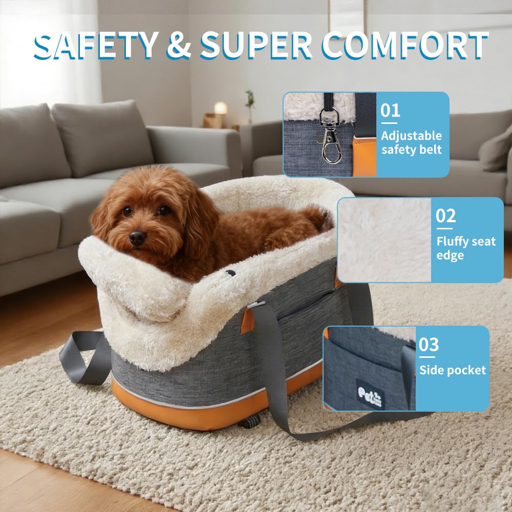 Pet Car Center Console Elevated Armrest Car Seat for Small Puppy, Dogs & Cats (Up to 10 lbs) – Dark Gray Washable Plush Carrier with Safety Leash, Fits Front Vehicle Console Space