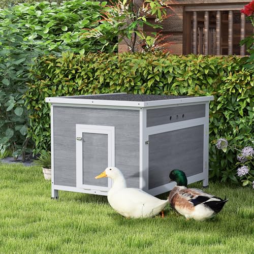 PawHut Duck Coop, Wooden Chicken House Rabbit Hutch with Openable Roof, Removable Floor, Double Doors, Ramp, Duck House for 3-6 Chickens, Geese, 30" x 38" x 30"