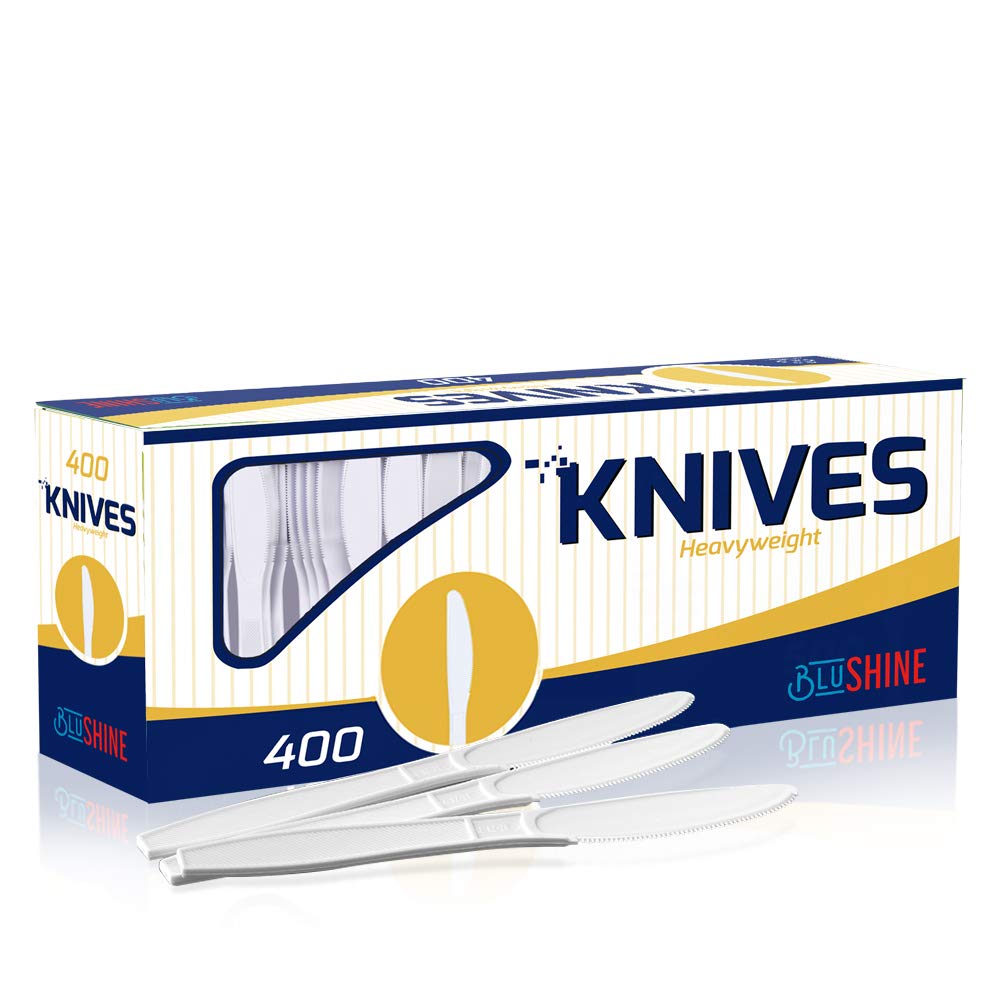 BluShine 400 pack Extra Heavyweight Disposable White Plastic Knives-Heavy Duty White Cutlery-Utensils, Parties, Dinners, Catering Services, Family Gatherings