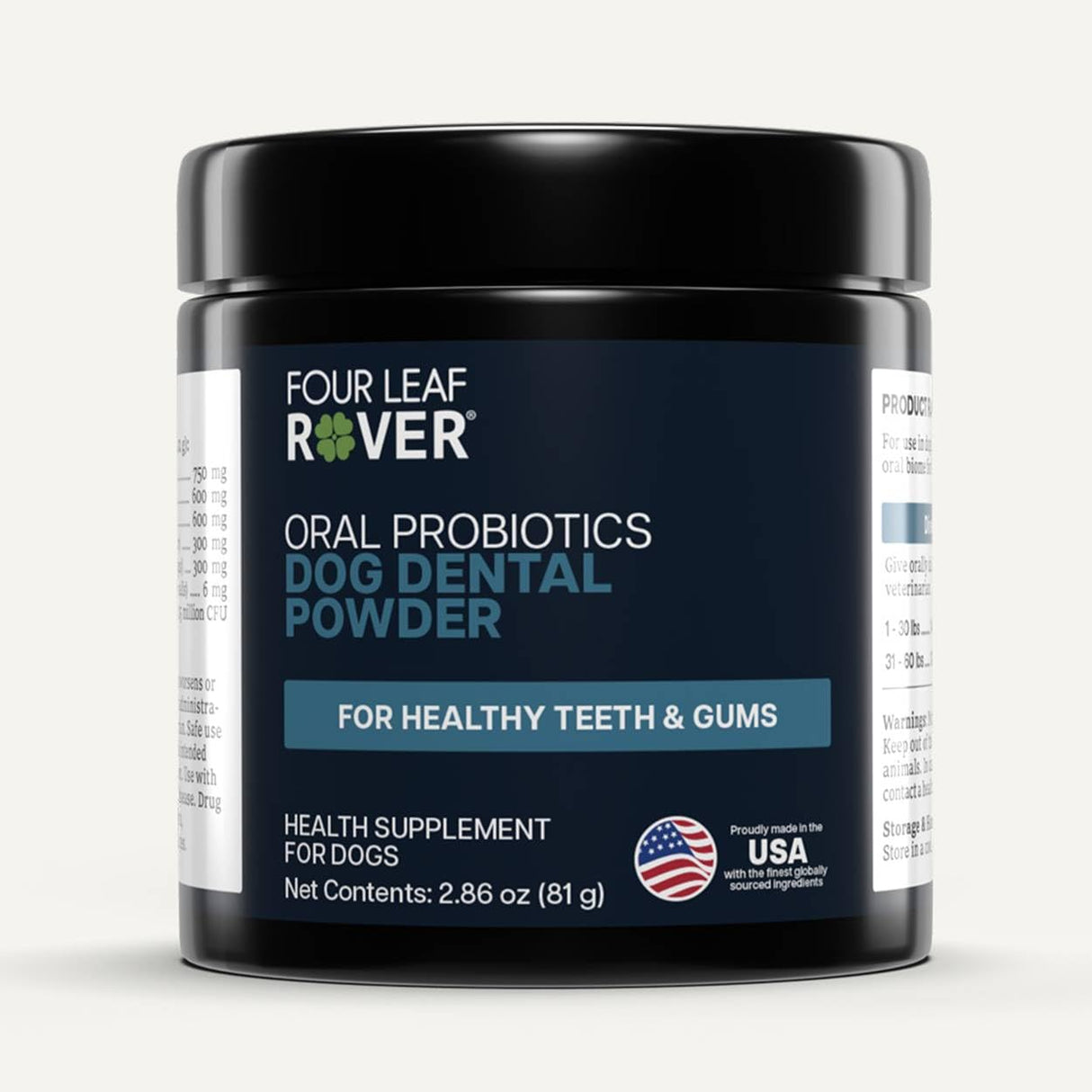Four Leaf Rover Dog Dental Powder – Natural Probiotic Support for Bad Breath, Tartar & Plaque – with Red & Brown Kelp, Weissella Cibaria, Aloe & Chamomile – 30-Day Supply