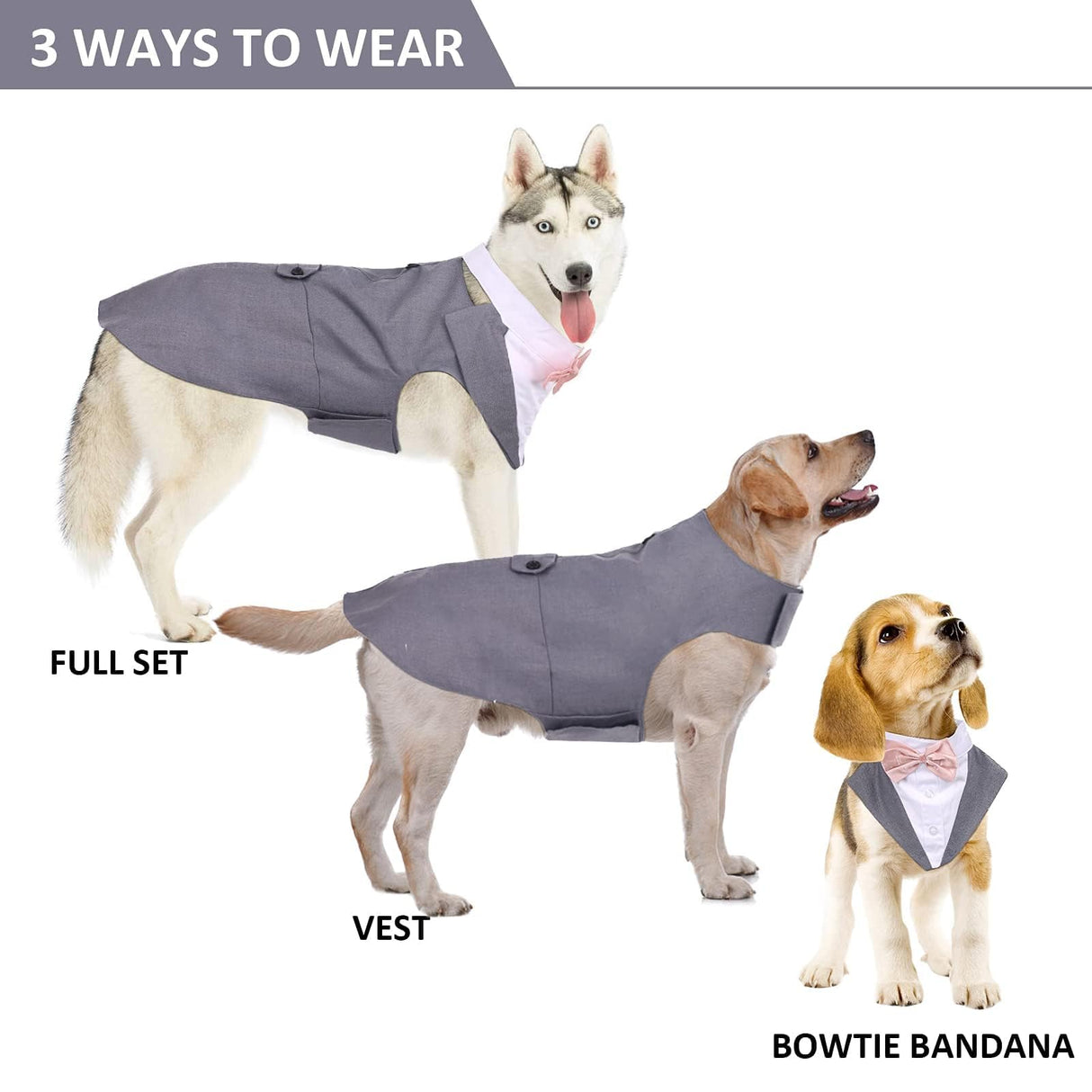 DORA BRIDAL Dog Tuxedo for Medium Dogs, Dog Suit and Bowtie, Formal Dogs Wedding Outfit, Pet Tuxedo and Bandana Set Valentines Birthday Costumes for French Bulldog, Pomeranian, Dachshund, Grey, M