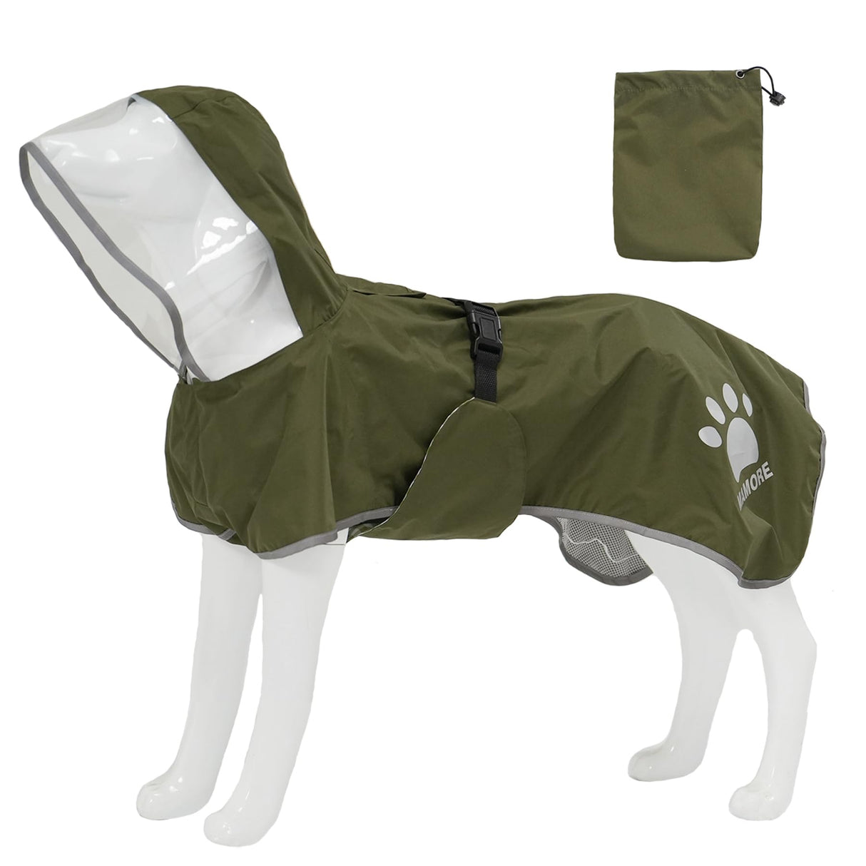 MAMORE Dog Raincoat Hooded Rain Jacket for Small Medium Large Dogs Slicker Poncho Bottom Waterproof Adjustable Reflective Breathable Leash Hole (Army Green, Large)