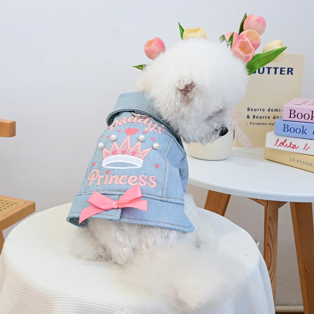 Dog Jean Jacket Girl Puppy Clothes Funny Apparel Outfits with Letter，Pearl ，Crown，Bow Decor Small Dog Clothes Cat Shirts Pink Bow L