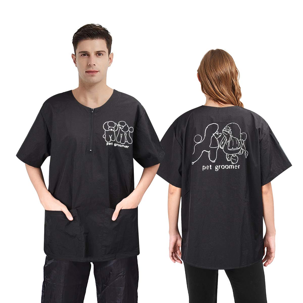 Noverlife Short Sleeves Pet Grooming Smock with 2 Pockets, M Size, Splash Proof Anti-Static Pets Beautician Work Clothes, Dog Cat Groomer Cosmetologist Uniforms for Pet Shop Men Women