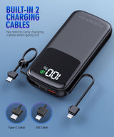 Portable Charger, Power Bank, 15000mAh Battery Pack Fast Charging Lightweight, Built-in AC Wall Plug and 2 Output Cables with LED Display for iPhone15 14 13 12 11 Samsung iPad etc(Deep Black)