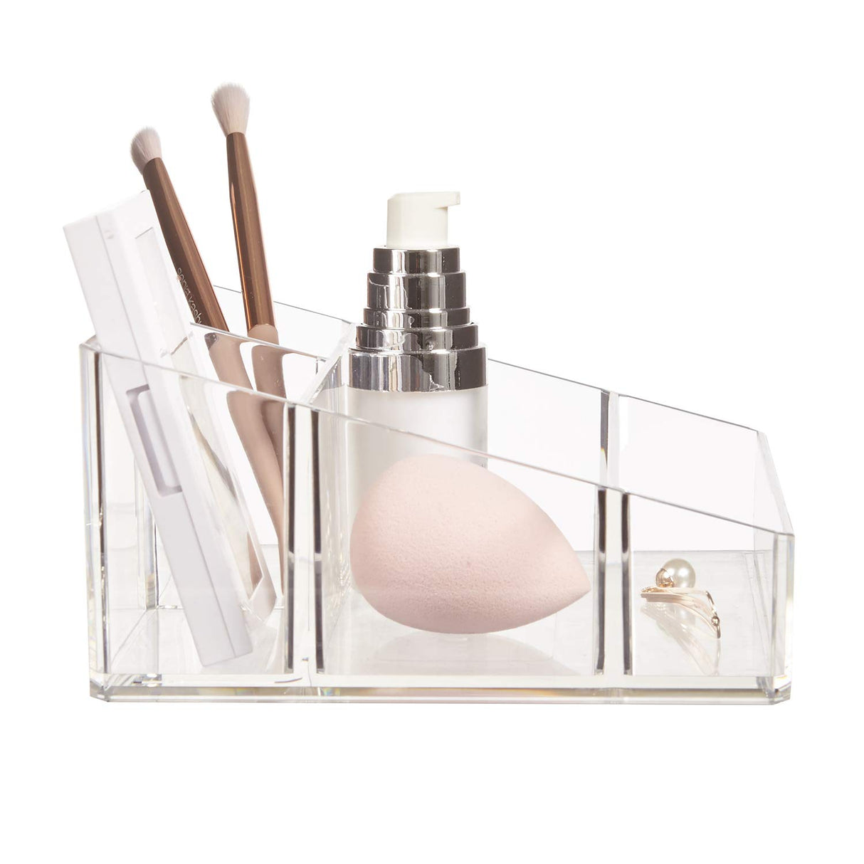 Clear Plastic Small Countertop Vanity Makeup Organizer, Compact Rectangular 4-Compartment Holder for Brushes, Eyeshadow Palettes, & Beauty Supplies, Made in USA
