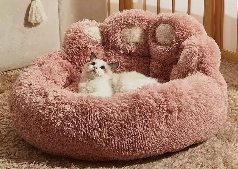 Warm Fluffy Round paw Dog cat Bed Calming, Washable Anti Slip Bottom (Pink, Large)