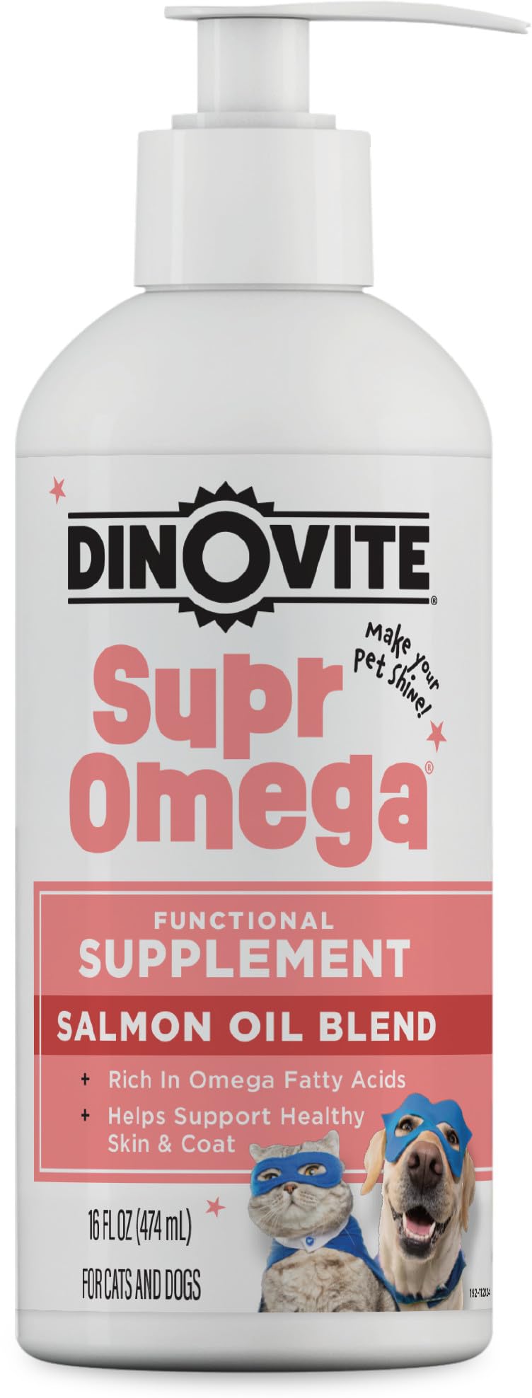Dinovite SuprOmega Wild Caught Salmon Oil for Dogs & Cats - GMO Free Omega 3 Skin & Coat Supplement - Skin & Coat Meal Topper for Dogs & Cats - 16 oz