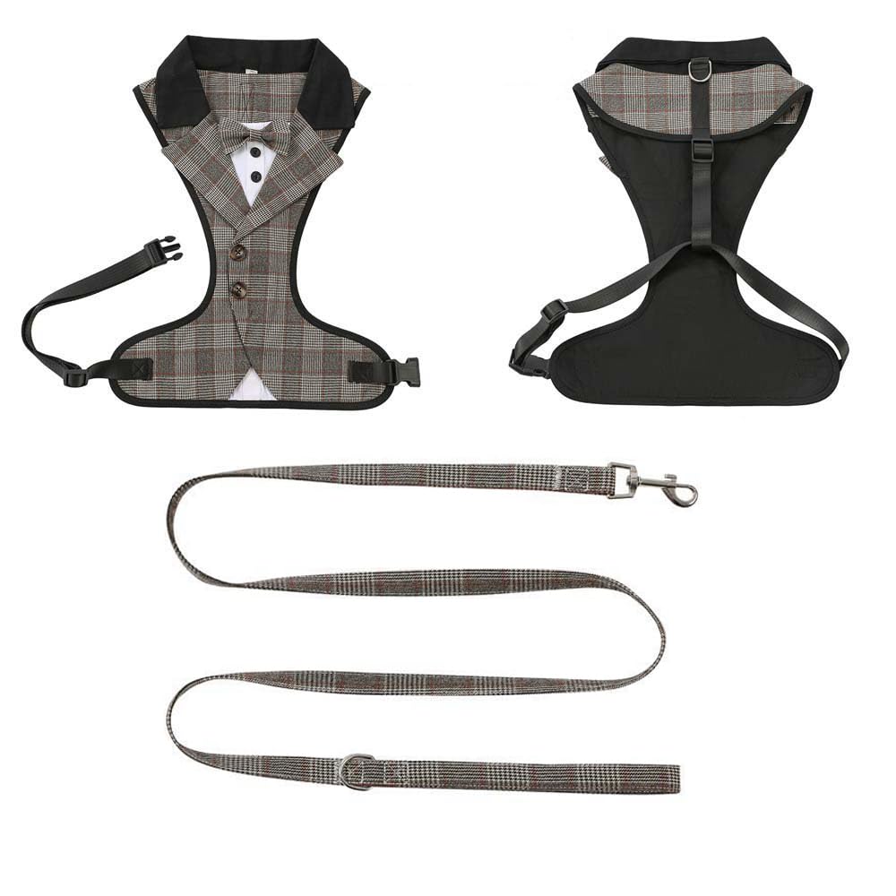 HDKUW Dog Tuxedo Harness, Adjustable Pet Harness No Pull for Small Medium Dogs, Doggie Wedding Suit with Bow Tie Party Costume Gray Grid S
