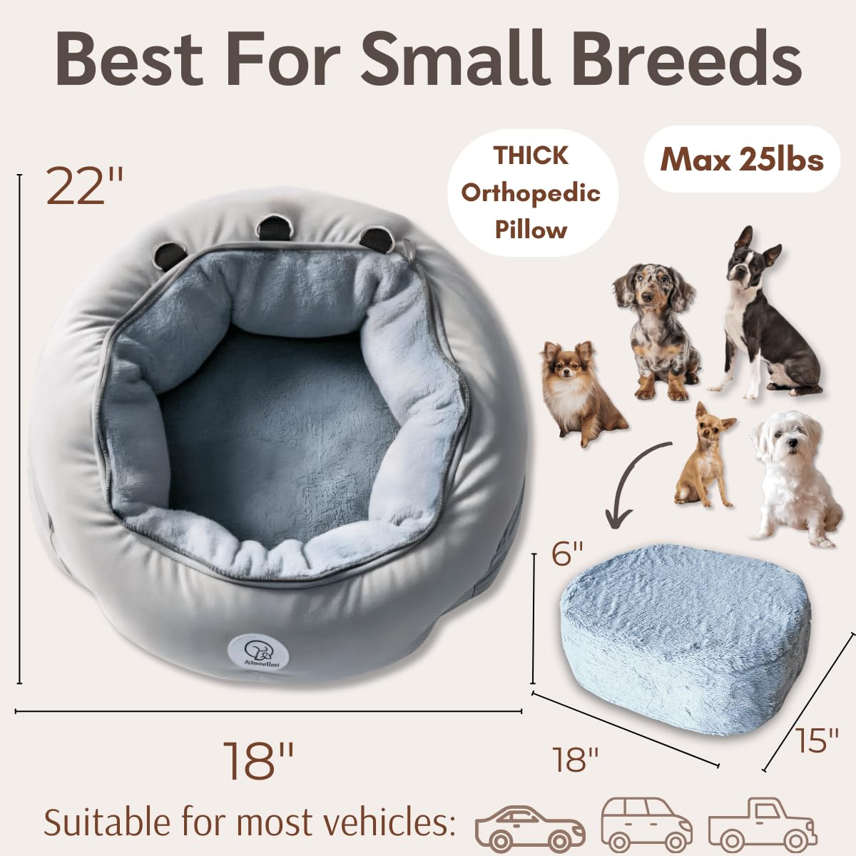 MORULINI Orthopedic Dog Car Seat for Small Breeds - Original Calming Burrow Nest for Car Anxiety Relief - 6” Memory Foam Booster & Travel Bed - for Dogs Under 25lbs, Frenchie, Chihuahua