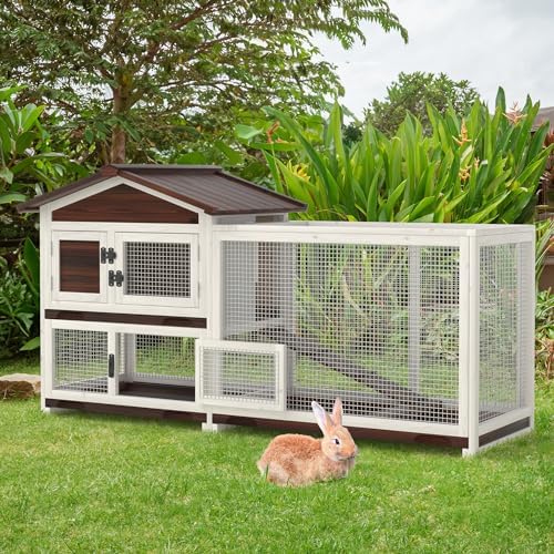 GOJOOASIS Rabbit Hutch Indoor Bunny Cage Outdoor Weatherproof Bunny House Wooden 60" Large Guinea Pig Cages Chicken Coop w/ 3 Pull Out Trays & 4 Access Doors (60" A)