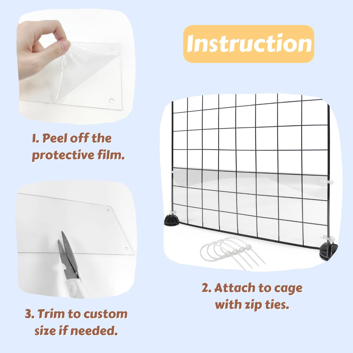 Tierecare 12 Pcs Cage Guard 13.8"x4.7" with Zip Ties Scatter Guard Clear Cage Liner Flexible Side Lining for Rabbit Guinea Pig C&C Metal Wire Playpen