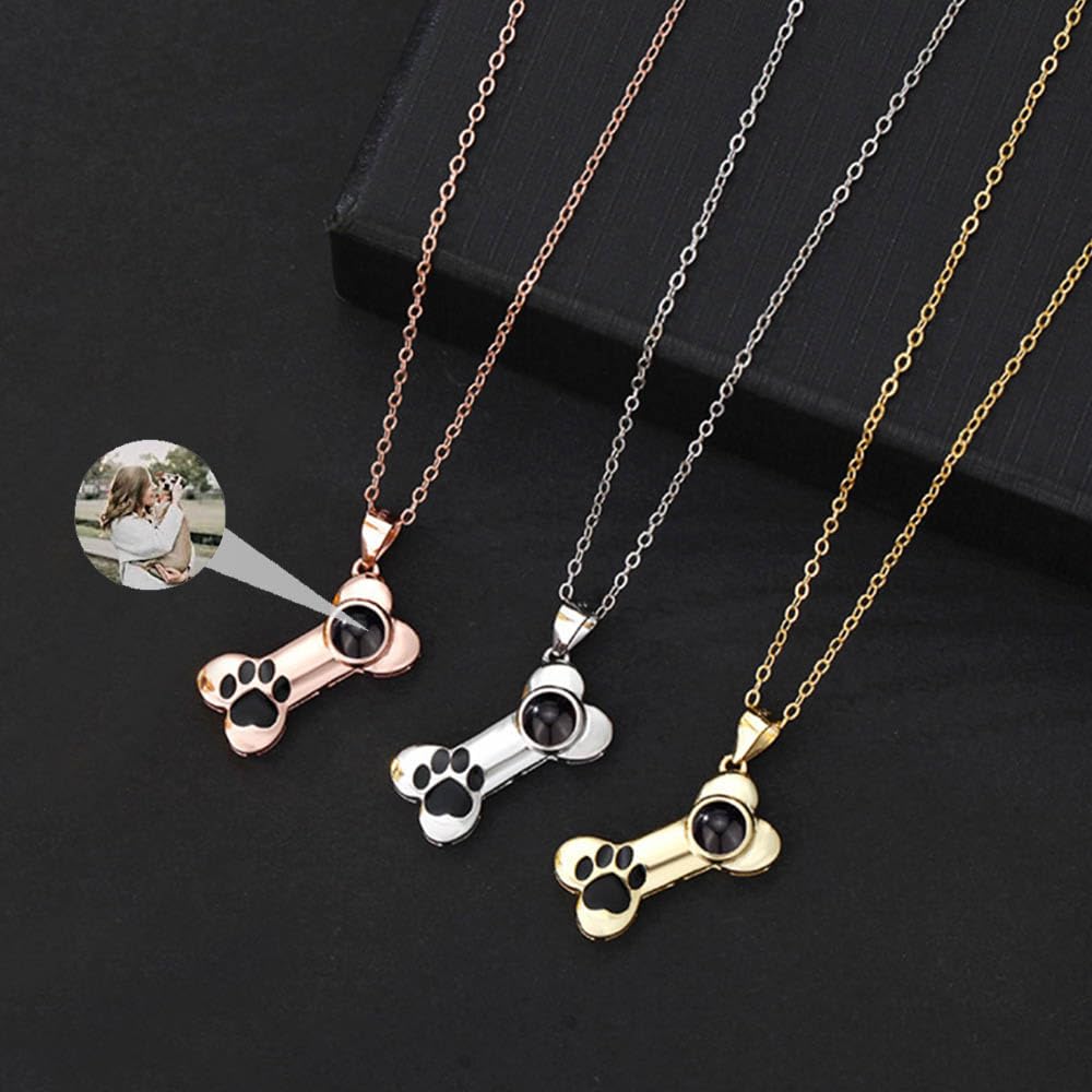 Wexibauyl Personalized Photo Necklace Custom Photo Projection Necklaces Dog Bone with Paw Print Pendant Necklace with Picture Inside Pet Dog Cat Memorial Necklace for Pet Lover Women Men