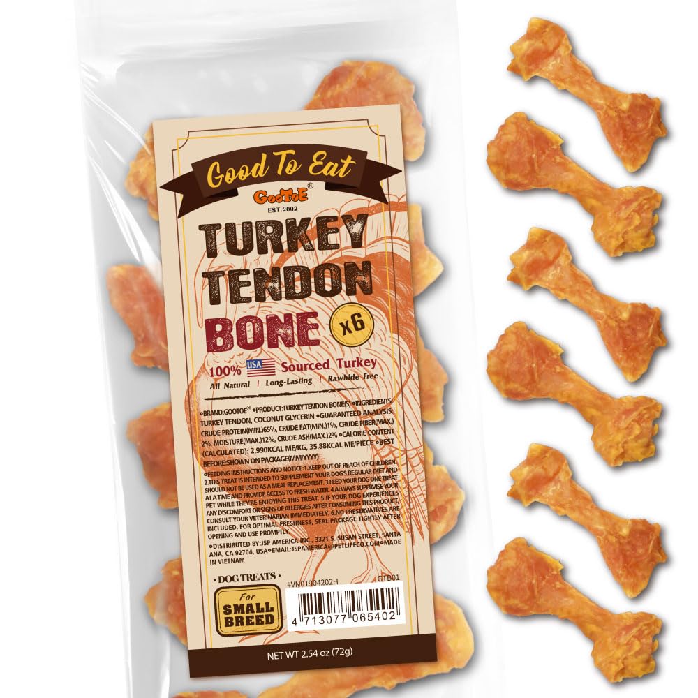 Gootoe Turkey Tendons for Dogs –All-Natural, Hypoallergenic Dog Treats, Rawhide Alternative, Long Lasting Puppy Chews, Healthy Dog Treats for Small Breeds, Bone (S), 6 Count Pack
