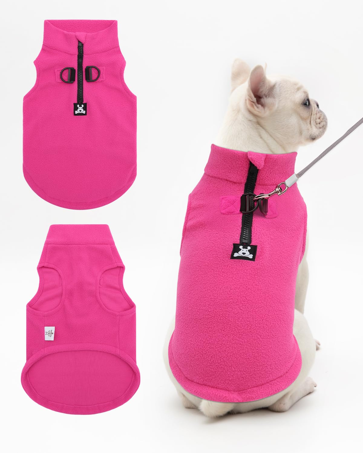 CuteBone Fleece Dog Vests Pink with Turtleneck, Half Zip-Up & Pullover Winter Sweaters Shirts for Small & Medium Dogs - Warm Thermal Jackets with D-Ring, Ideal for Cold Weather DZBX01XL