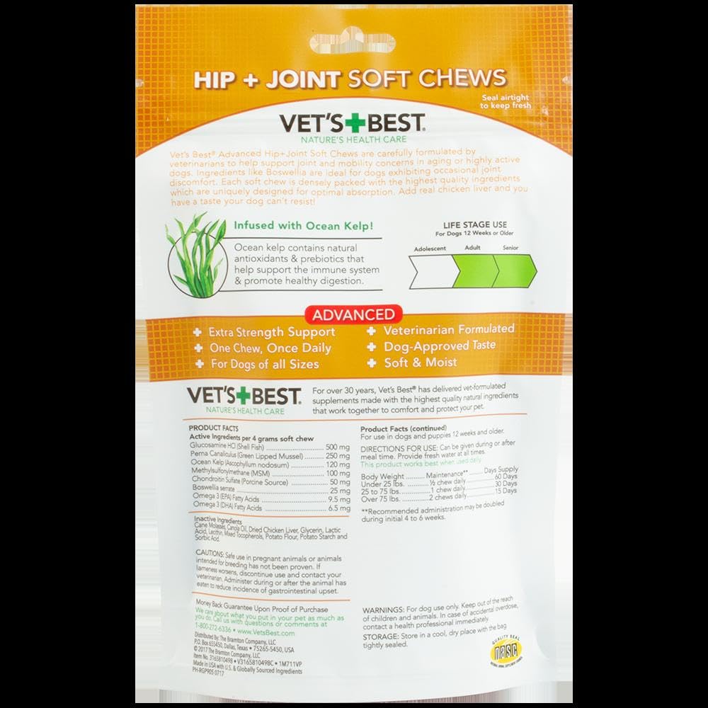 Vet's Best Advanced Hip & Joint Soft Chew Dog Supplements - Formulated with Glucosamine and Chondroitin to Support Dog Joint and Cartilage Health -30 Day Supply