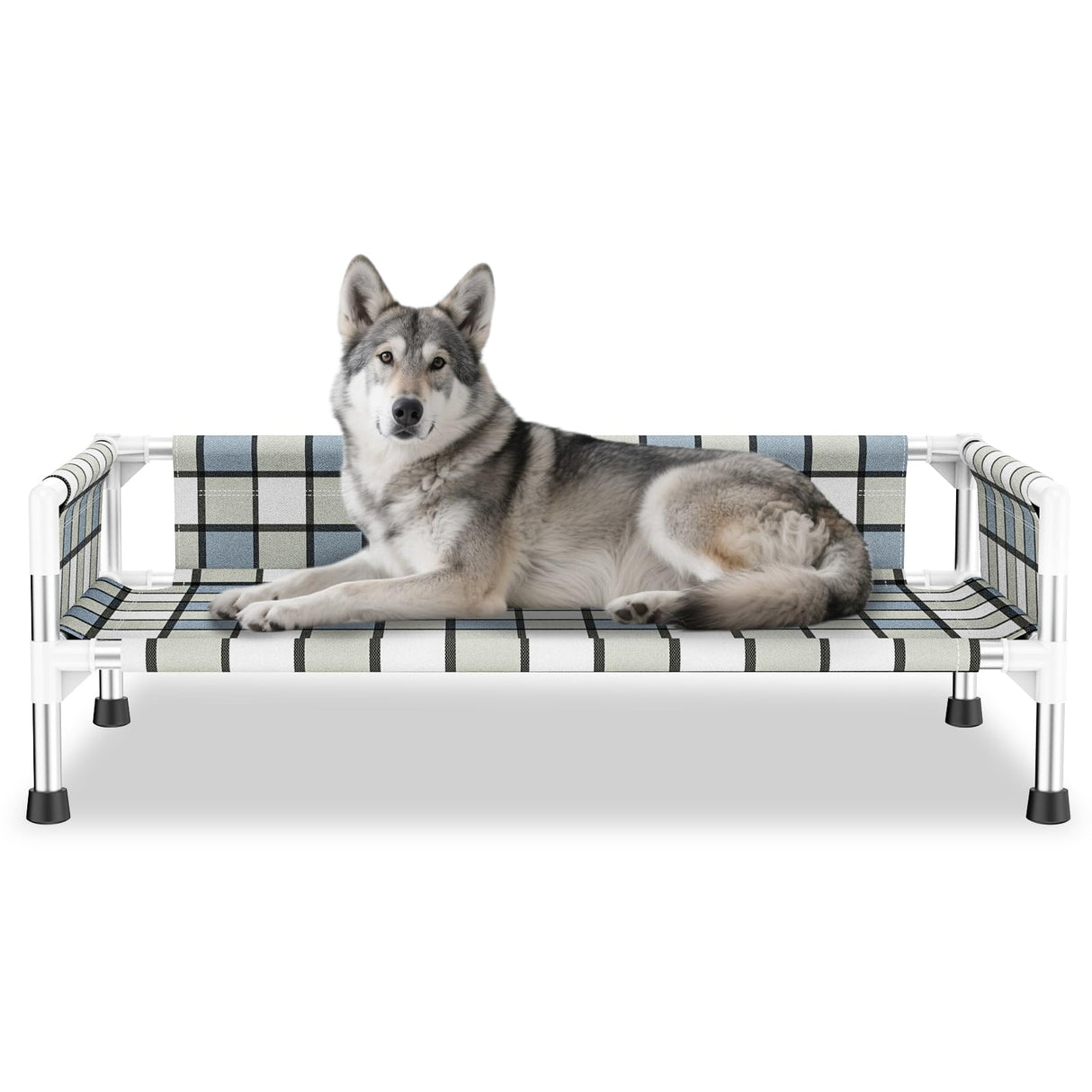 Elevated Raised Outdoor Dog Bed - Cooling Washable Dog Cot with Guardrail, Durable & Breathable Cotton Mesh Pet Hammock Beds with Stainless Steel Pipe Frame for Medium Pets (34'' x 20'' x 12'')