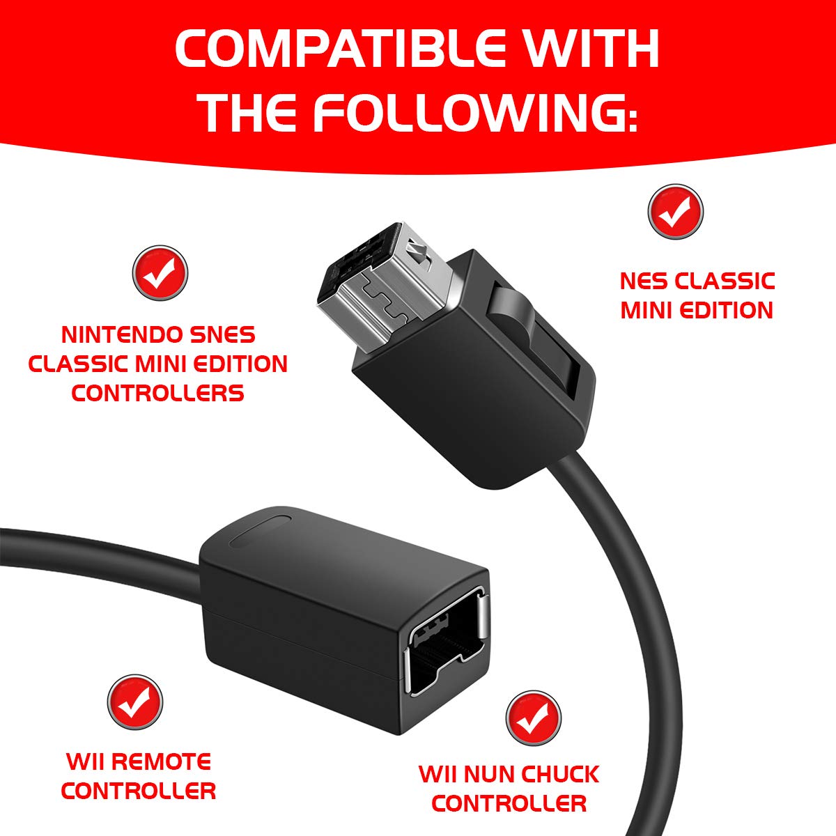 NES Classic Controller Extension Cable 3M / 10ft (2-Pack), SNES Extension Power Cord Compatibility Nintendo SNES Classic Edition Controller (2017) and Mini NES Classic Edition (2016), Wii, Wii U