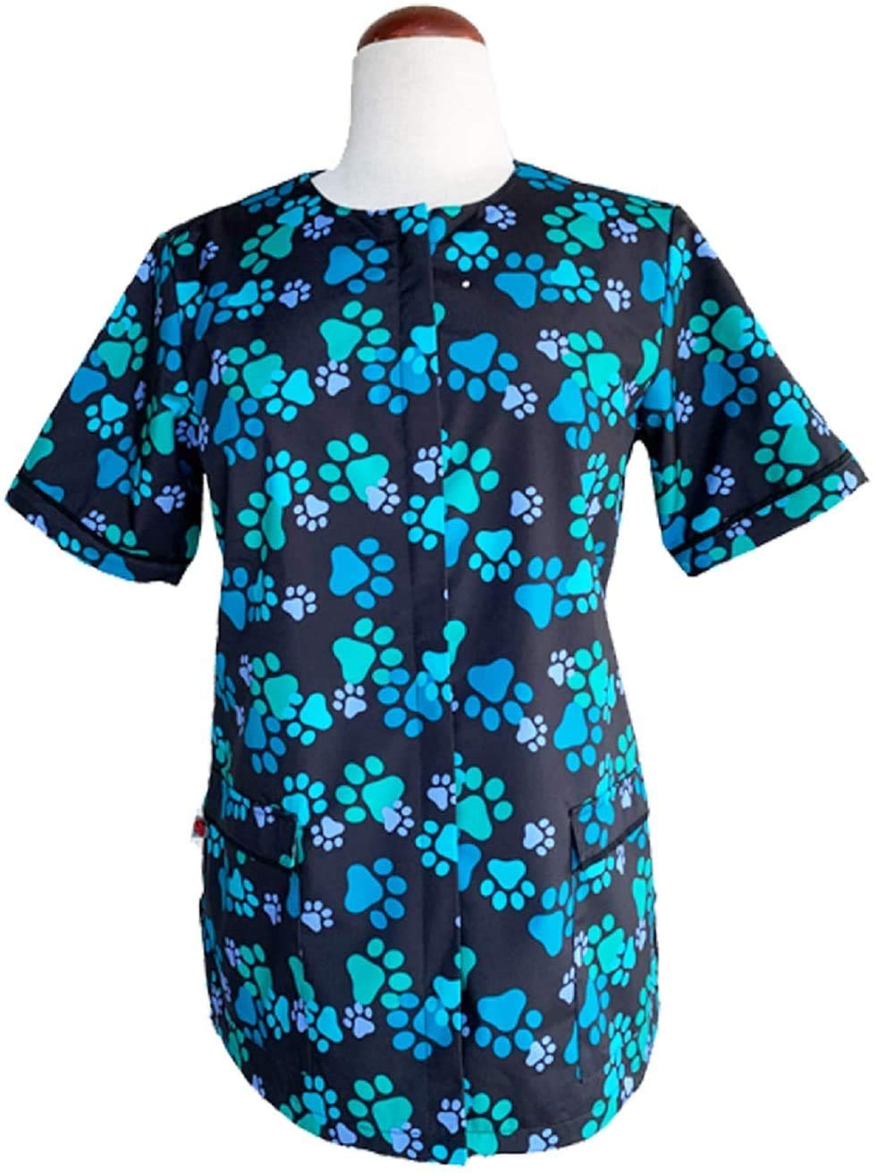 Ladybird Line 714 Blue Paw Print Waterproof Dog Grooming Smock, Hair Bleach Resistant Jacket, Covered Zipper Panel, Solid Black Back, Adjustable Belt, 2 Front Pockets, Pet Groomers Vet Clinics - XL