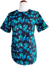 Ladybird Line 714 Blue Paw Print Waterproof Dog Grooming Smock, Hair Bleach Resistant Jacket, Covered Zipper Panel, Solid Black Back, Adjustable Belt, 2 Front Pockets, Pet Groomers Vet Clinics - XL